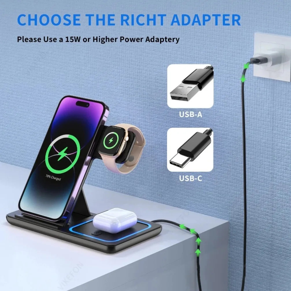 3-in-1 Wireless Charging Station — 15W Fast Charger for iPhone 17/16/15/14/13/12, Apple Watch & AirPods