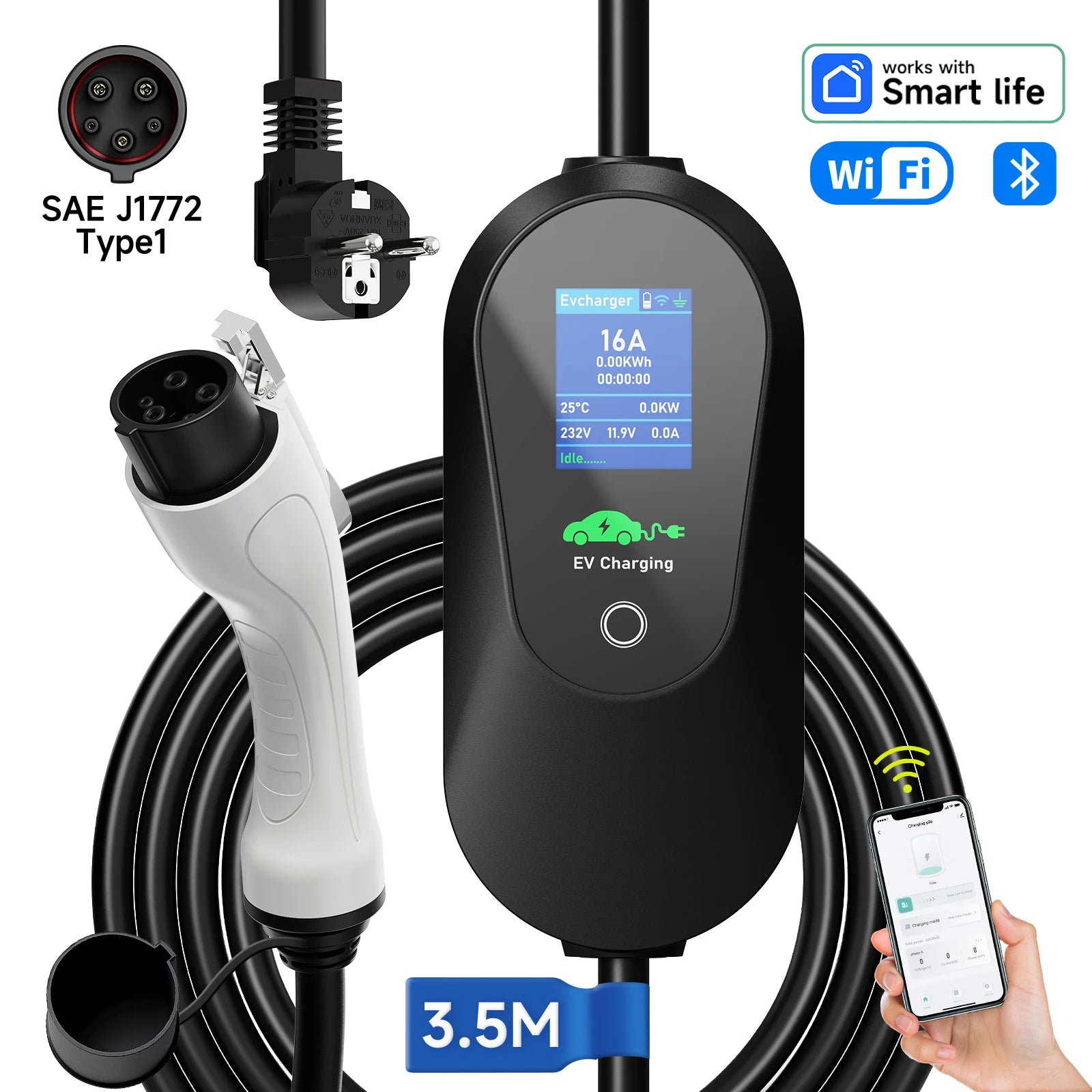 AFEEV Portable EV Charger 3.6KW | Type 1 & Type 2 | WiFi App Control | Level 2 Fast Charging Cable