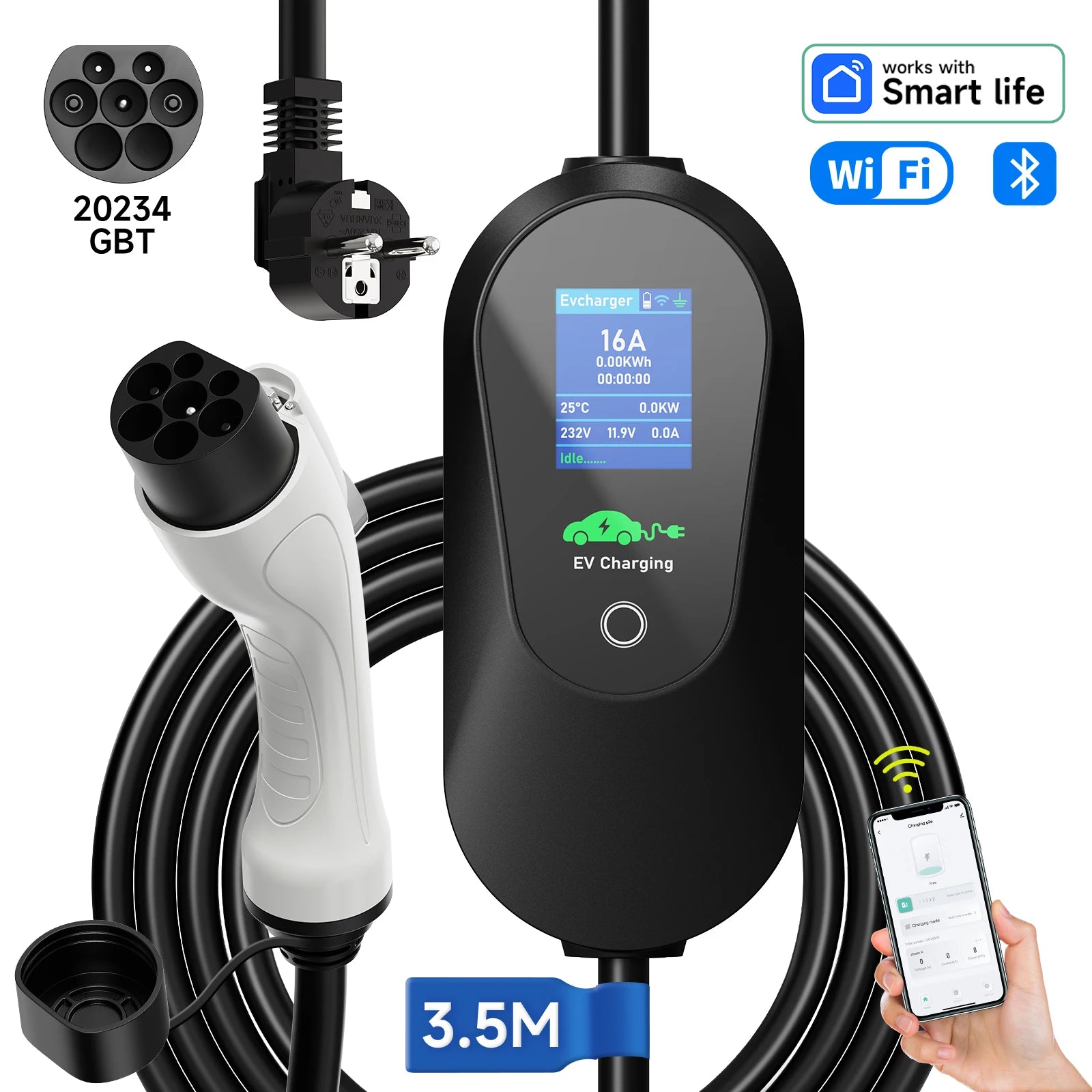 AFEEV Portable EV Charger 3.6KW | Type 1 & Type 2 | WiFi App Control | Level 2 Fast Charging Cable