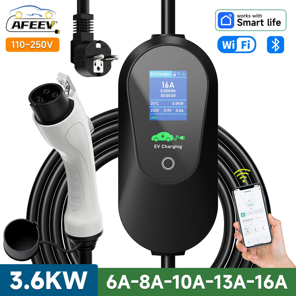 AFEEV Portable EV Charger 3.6KW | Type 1 & Type 2 | WiFi App Control | Level 2 Fast Charging Cable