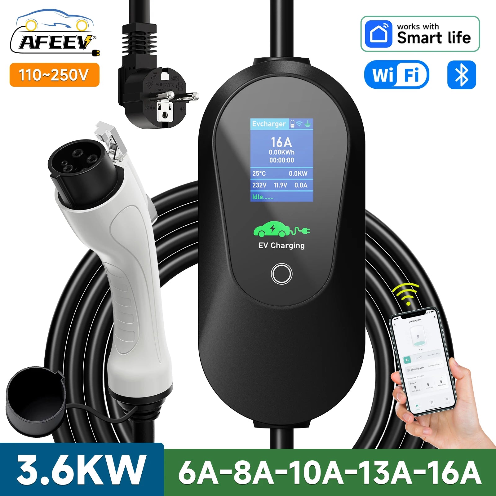 AFEEV Portable EV Charger 3.6KW | Type 1 & Type 2 | WiFi App Control | Level 2 Fast Charging Cable