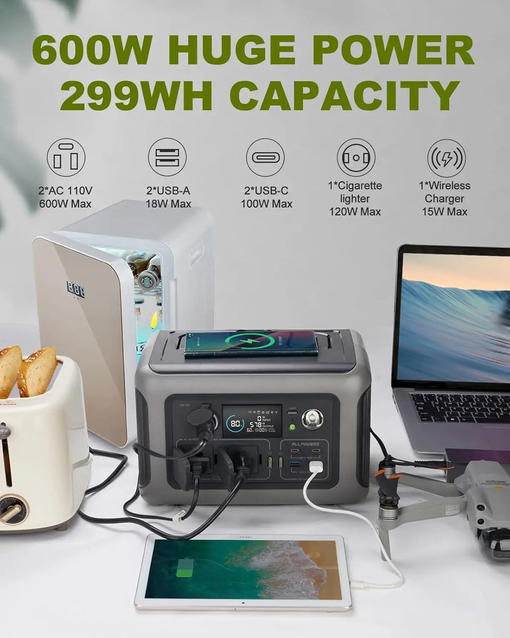 ALLPOWERS R600 Portable Power Station — 299Wh LiFePO4, 600W AC, Solar Ready