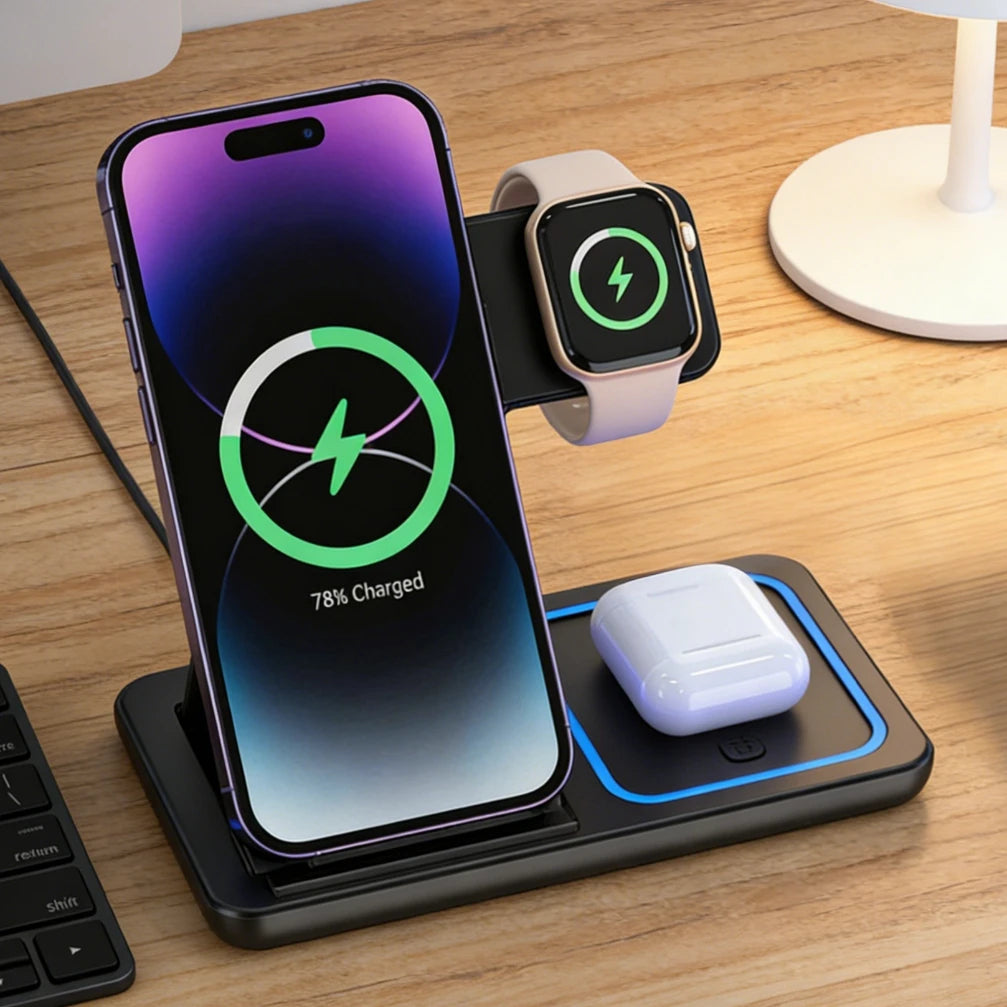 3-in-1 Wireless Charging Station — 15W Fast Charger for iPhone 17/16/15/14/13/12, Apple Watch & AirPods