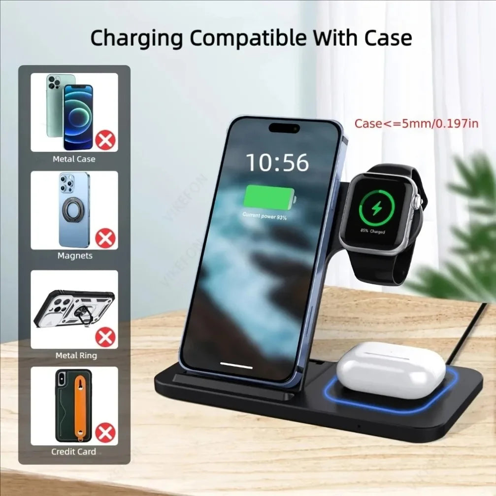 3-in-1 Wireless Charging Station — 15W Fast Charger for iPhone 17/16/15/14/13/12, Apple Watch & AirPods