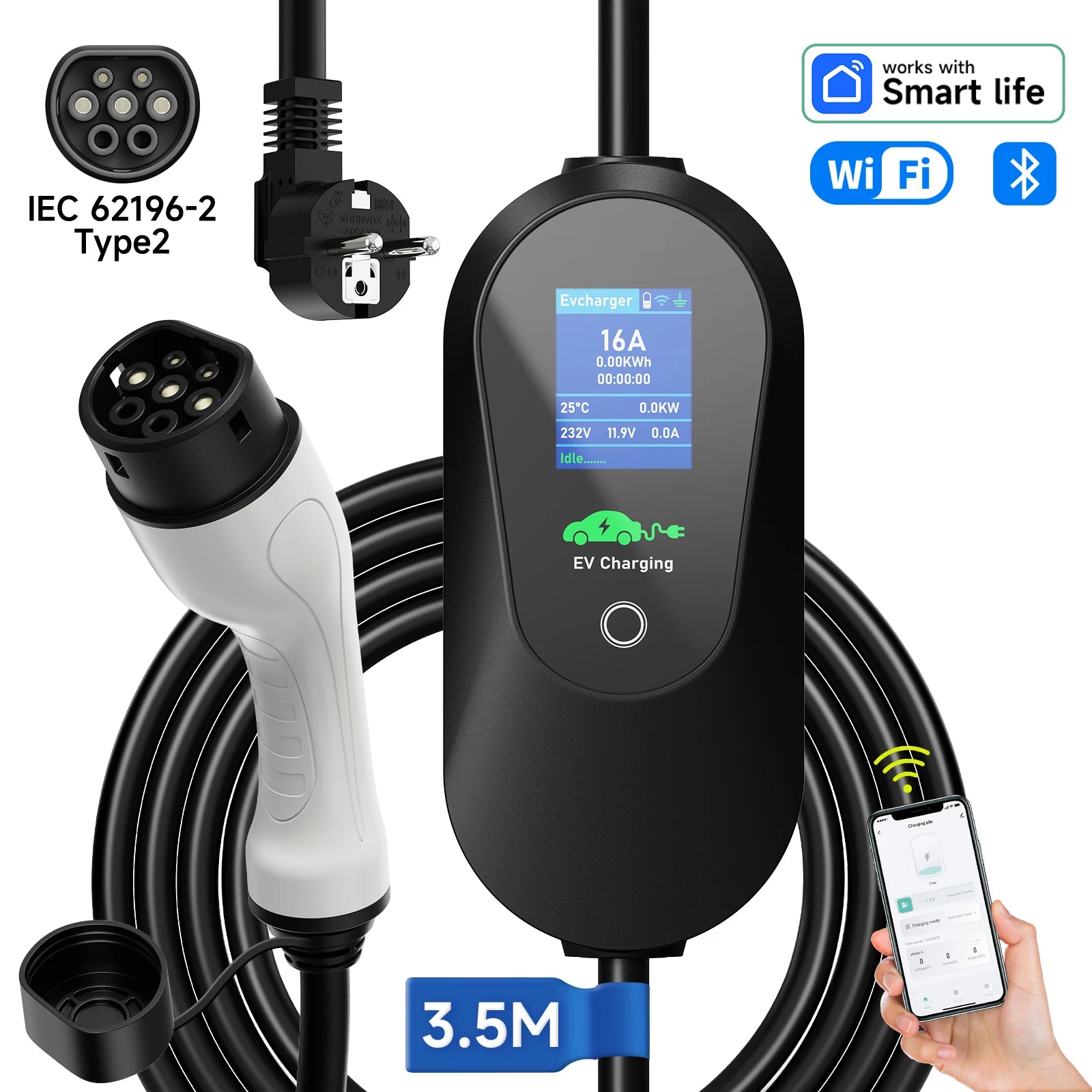 AFEEV Portable EV Charger 3.6KW | Type 1 & Type 2 | WiFi App Control | Level 2 Fast Charging Cable